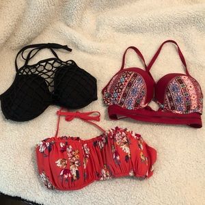 Lot of 3 swimsuit bikini tops XL 38D 38DD black pink flowers cutout net like new